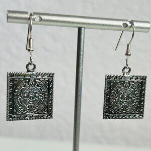 925 Stamped Mexico Aztec Calendar .5" Square .8" Drop Pierced Earrings